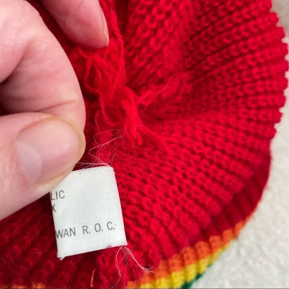 Vintage 70s Rainbow Knit Pom Pom Beanie Hat Childs 6X Adult Small